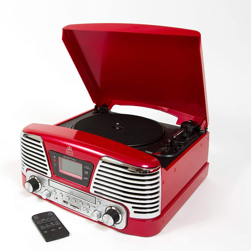 GPO Memphis | Equipo de música tocadiscos para discos de vinilo, CDs, radio FM, MP3 por bluetooth y USB y tarjeta SD. Equipo de música con tocadiscos en varios colores y estilo vintage retro de los años 50 y 60. Opiniones y reseñas de este tocadiscos.